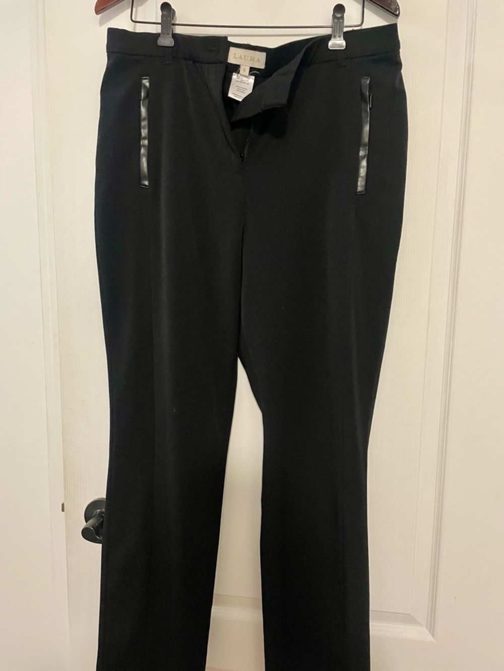 Laura Straight-Leg Black Dress Pants with Faux Leather Trim Size 12